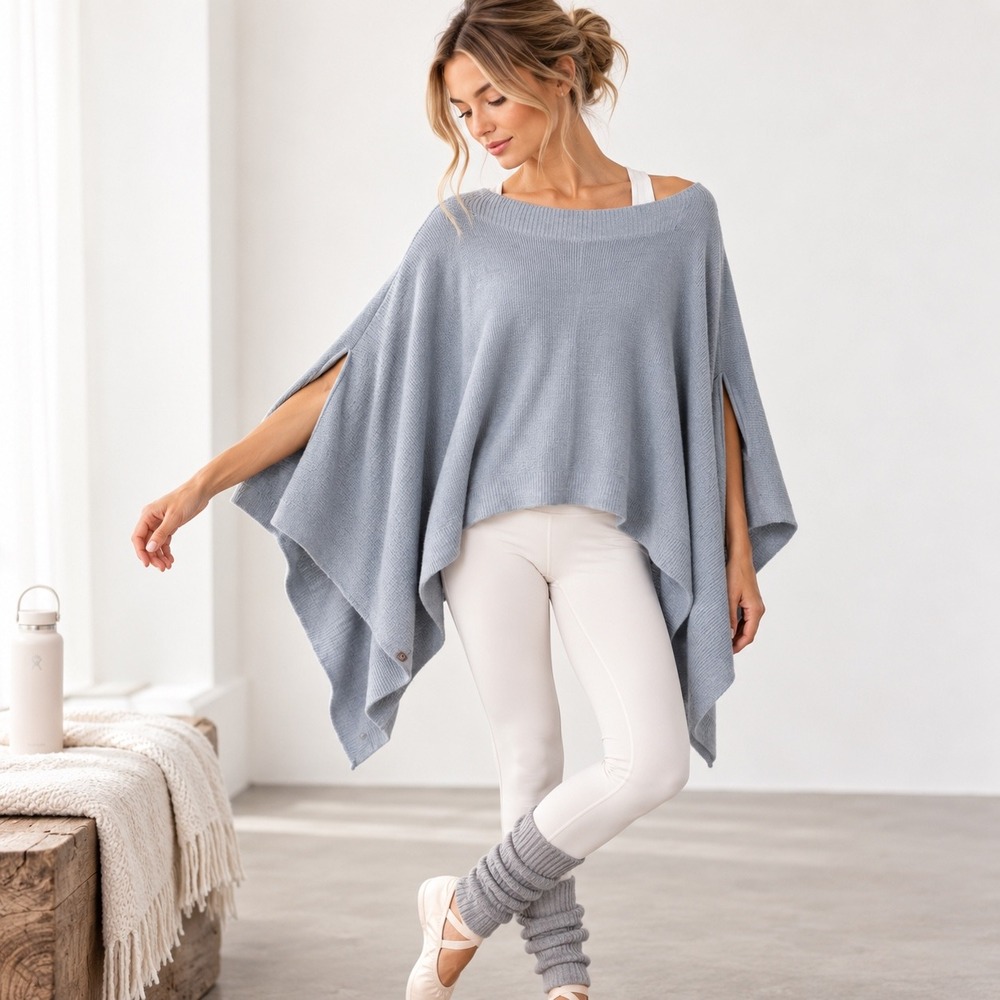Lululemon Forward Fold Poncho Sweater Womens OS Blue Grey Knit Wrap Yoga Ballet